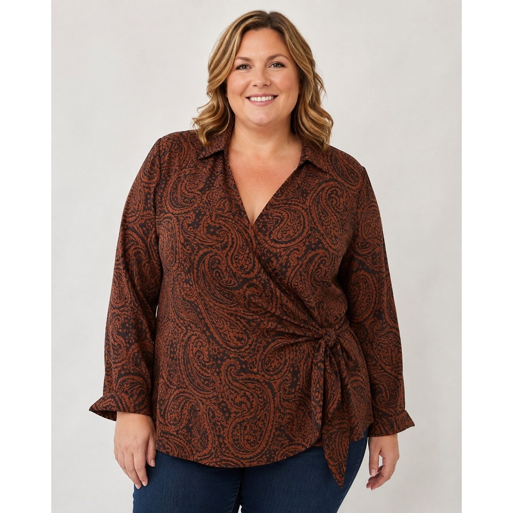Foxcroft Womens Brown Paisley Long Sleeve Side Tie Wrap Blouse Top 3X